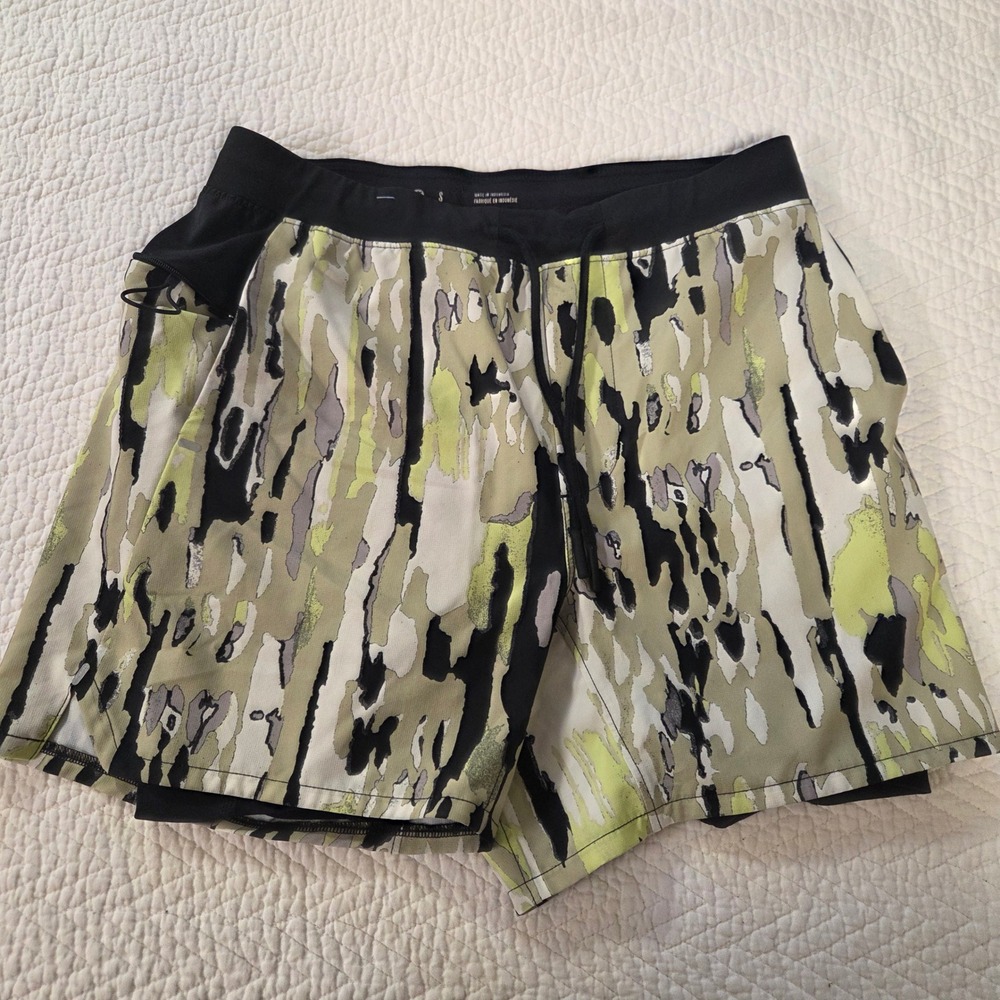 Stance Mens 2-in-1 Running Shorts Small Black Green Abstract Camo Liner Pocket